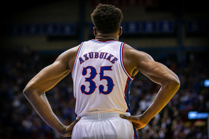 Mar 4, 2020; Lawrence, Kansas, USA; Kansas Jayhawks center Udoka Azubuike (35) stands on the court during a timeout during the second half against the TCU Horned Frogs at Allen Fieldhouse. Mandatory Credit: William Purnell-USA TODAY Sports